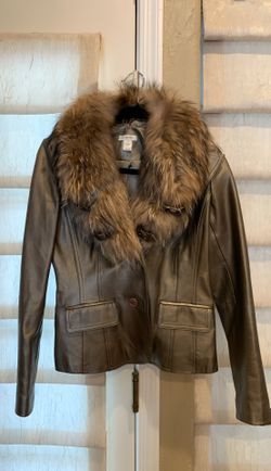 Metallic leather with detachable raccoon trim Size 4