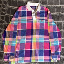 POLO SPORT Ralph Lauren Pink Madras Plaid Long Sleeve Cotton Rugby Shirt SZ L