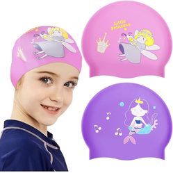 2 Pack Swim Cap for Kids Girl Boy Women Youth, Waterproof Bathing Cap for Long and Short Hair, Durable Silicone Swimming Cap with Storage Bag