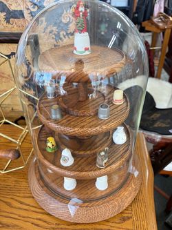 Vintage Thimble Collection with Rotating Wood Display Stand and Glass Dome