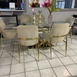 Clear Glass Top & Mirrored Gold Dining Room Set / 7pc