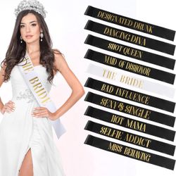 Bachelorette Bride & Bridesmaids Funny Black, White & Gold Sash