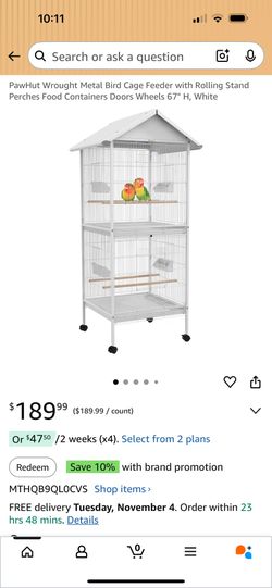 PawHut Wrought Metal Bird Cage Feeder with Rolling Stand Perches Food Containers Doors Wheels 67" H, White