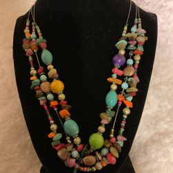 Vintage Silver 3 Strand Colorful Beaded Necklace.