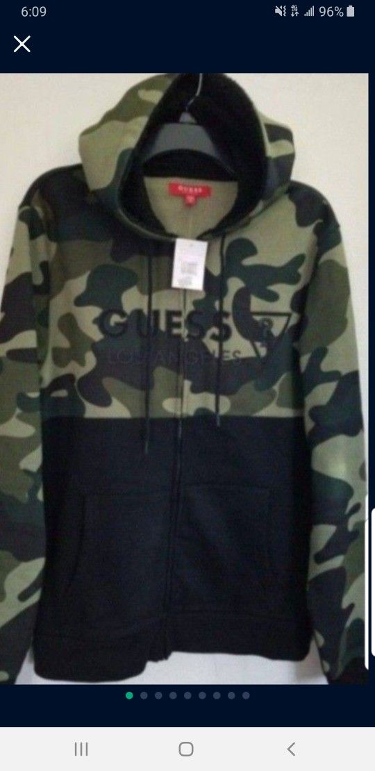 GUESS LOS ANGELES MONTANA CAMO MEN'S FULL FRONT ZIPPER THICK HEAVYWEIGHT HOODIE JACKET SIZE MEDIUM JET BLACK REGULAR FIT BRAND NEW WITH TAGS.