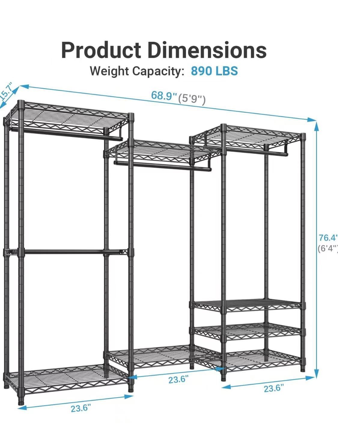 😀 68.9"Wx15.7"Dx76.4"H Portable Closet Wardrobe Heavy Duty Clothes Rack, Freestanding Clothing Rack with 4 Hang Rods & 8 Shelves, Adjustable Closet