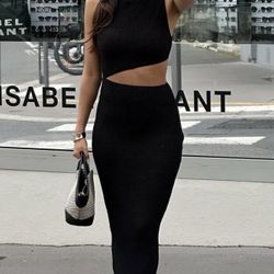 Zara Long Textured Dress with Cut-Outs Black Size Small NEW with Tags