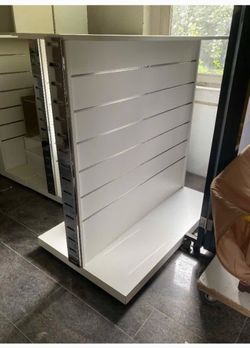 White Slatewall Display Tower with Metal Inserts and Base Shelf - $150 (Ashburn)