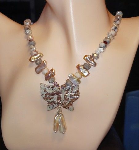 Apache Jasper Carved Butterfly, Garnets, Pearl's, Rhodonites, 925ss, 18" Necklace