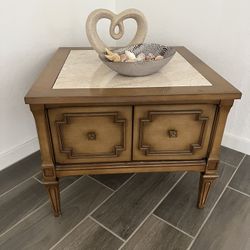 Vintage Side Table Solid Wood w/ Top Marble