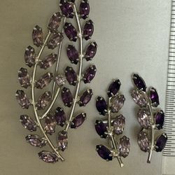 Vintage B.David Purple Rhinestone Brooch And Clip on Earrings 