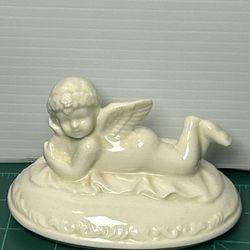 1900s Vintage Baby Angel Cherub Trinket Box Lid Porcelain Sculpture Collectible