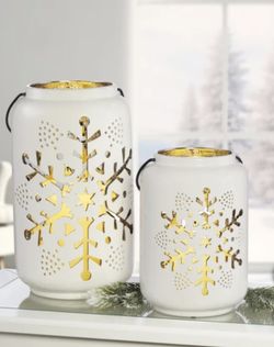 Holiday Snowflake Ceramic Lanterns with LED Candles, Set of 2