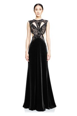 Tadashi Shoji Taylor Gown Lace Velvet Black Nude Dress Size 00