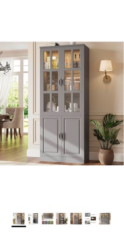MEISSALIVVE Kitchen Pantry Storage Cabinet with LED Lights, 78.7" Tall with Glass Doors & Drawers, Freestanding Utility Cabinet, Grey (31.5" W x 15.7"