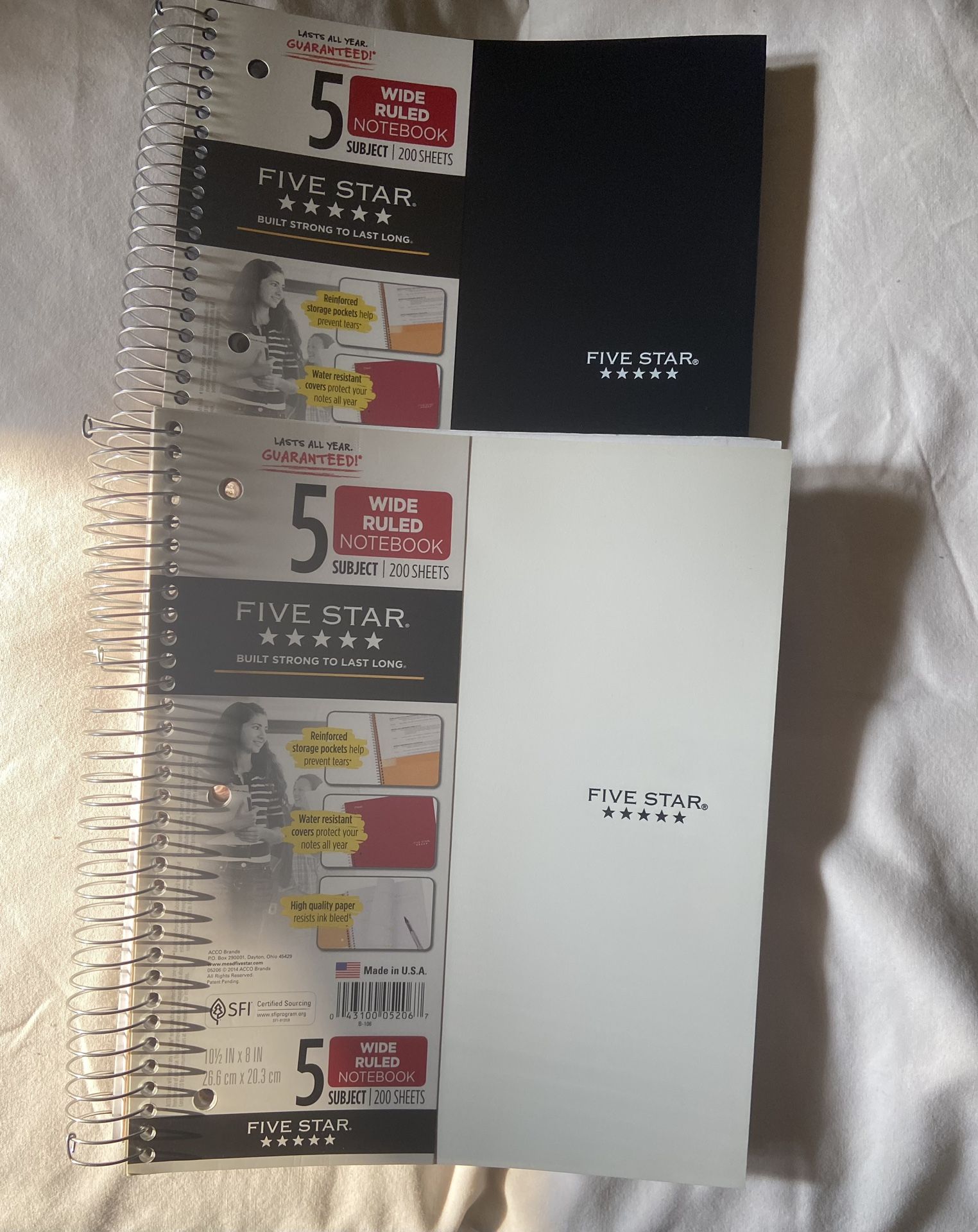 Two 5 Subject Wide Ruled Notebooks 200 Sheets