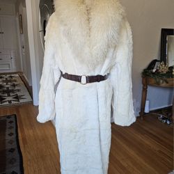 White Rabbit Fur Coat With Tibetan Lamb Collar Size L