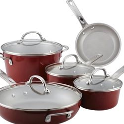 New Ayesha Curry Home Collection Nonstick Cookware Pots and Pans Set, 9 Piece, Sienna Red for sale