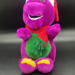 Vintage 1992 Barney “The Purple Dinosaur” 9" Plush Toy With Christmas Hat/Scarf