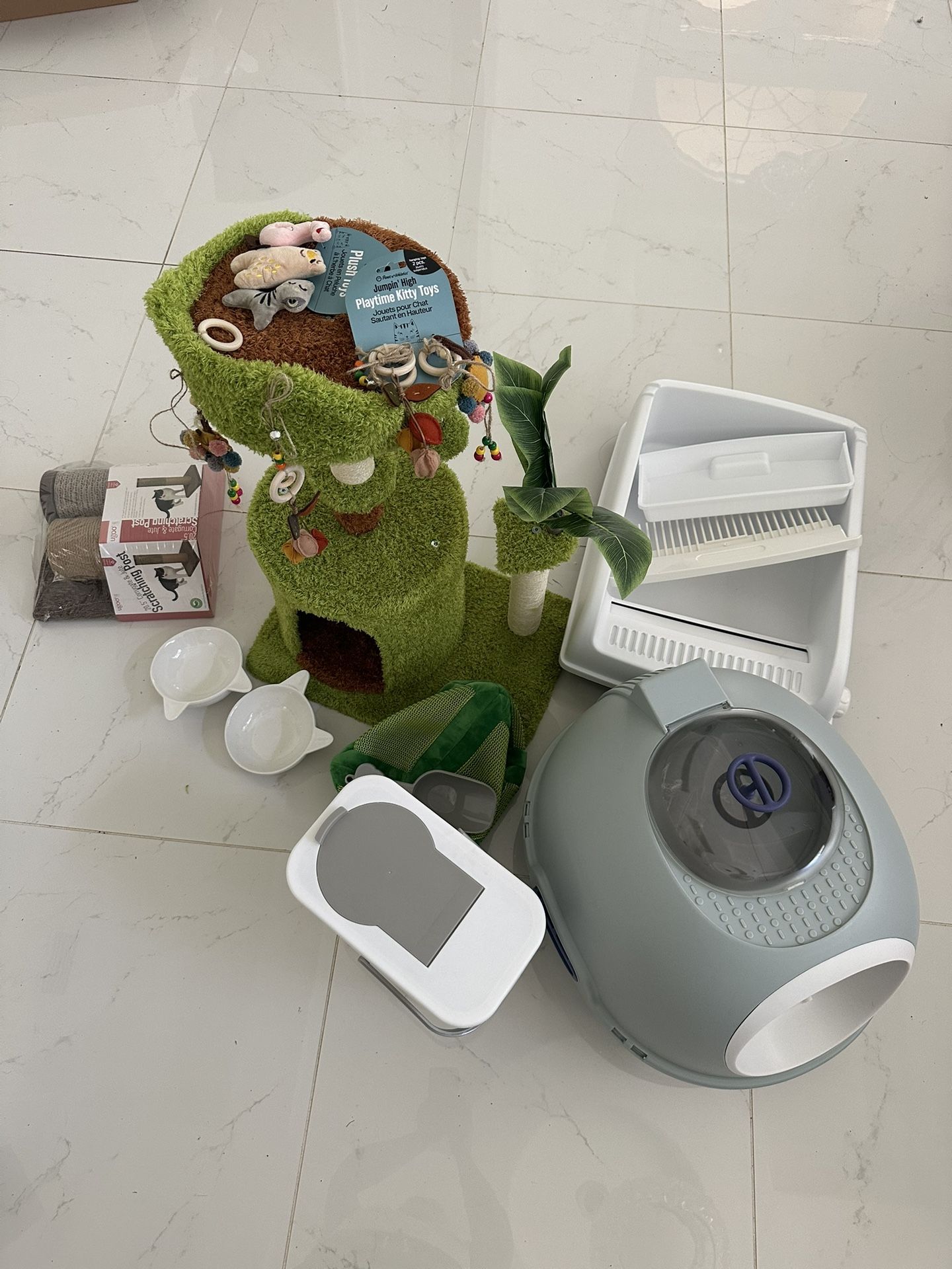 Cat Stuff, Litter Box, Tree, Bowls, Toys