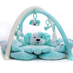 KUANDARM Cute Puppy Baby Play Mats with Fitness Frame 5 Hanging Toys Toddler Activity Gym Carpet Foldable Crawling Mat, Blue