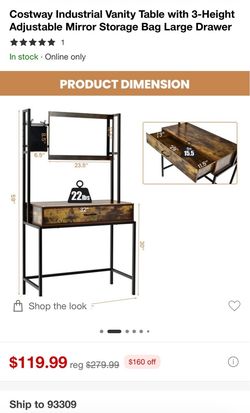 Vanity with 3-Height Adjustable Mirror Storage Bag Large Drawer