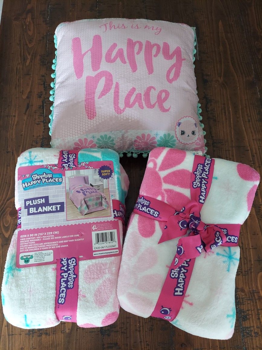 NEW Shopkins Happy Places Plush Two Blankets and Throw pillow