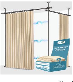 No-Drill Room Divider Curtains Set: Includes 106" W x 84" L Beige Curtain 2-Panel & Adjustable Pole Brackets (72-200" W x 43-120" H Adjustable Range)