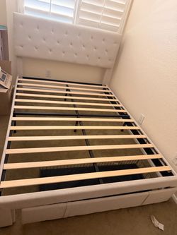 Tan queen bed frame w/ storage