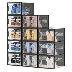 Shoe Storage, 12 Pack X-Large Shoe Organizer for Closet, Shoe Boxes Clear Plastic Stackable Shoe Storage Boxes for Size 13