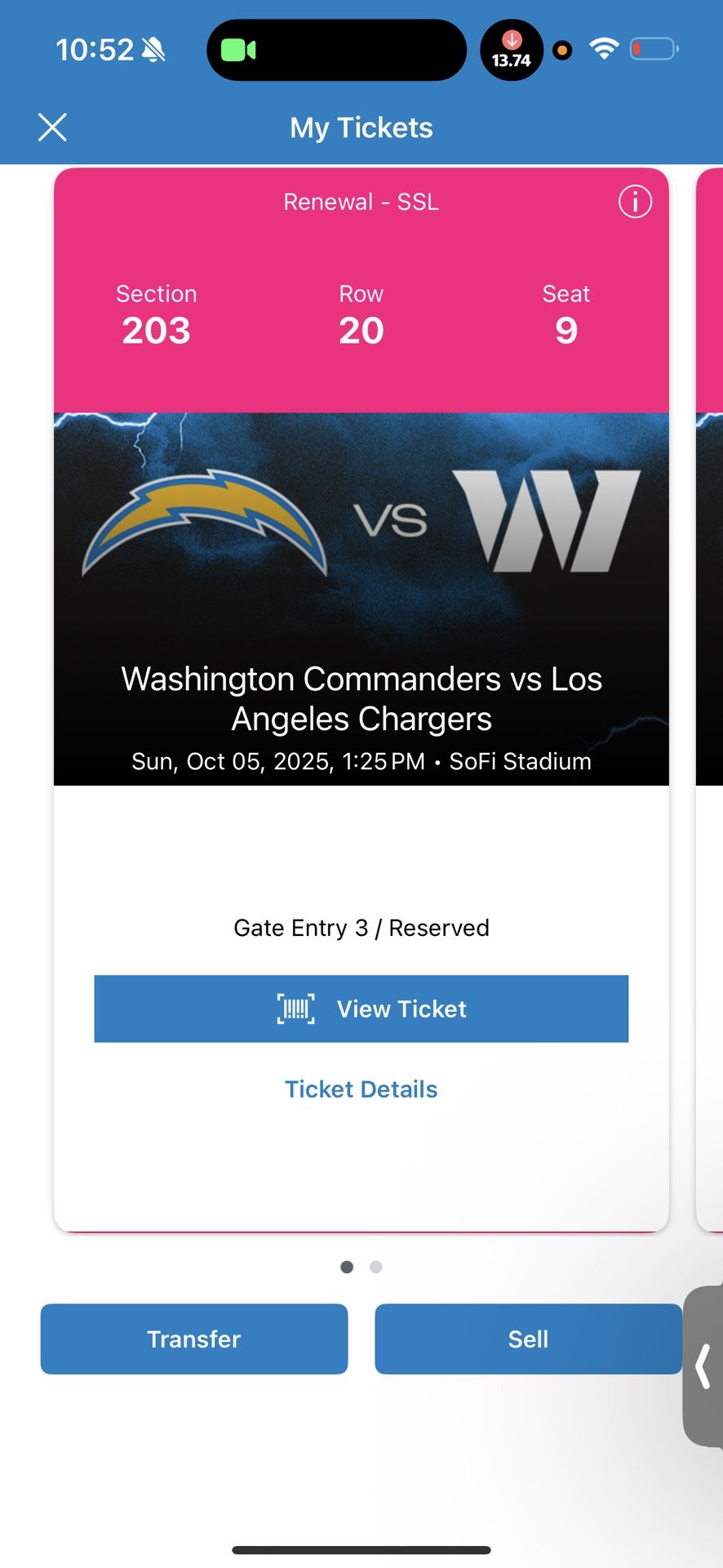 Washington Commanders @ Los Angeles Chargers October 5th 1:25PM PST