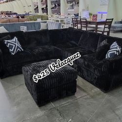 ✅️✅️4 pc black corduroy fabric upholstered sectional sofa with ottoman✅️