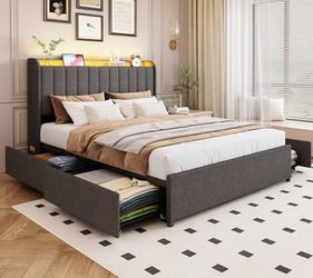 4 Drawers and Storage Headboard, Upholstered Platform Bed Frame Queen Size with Led Lights