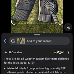 3W all-weather custom floor mats designed for the Tesla Model Y.  Material: Made from premium, high-density TPE (thermoplastic elastomer) material whi