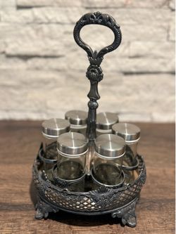 Vintage Ornate Silver-Tone Condiment Caddy Elegant Dining Decor With Six Bottles