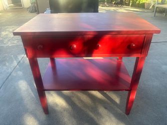 Red Wood Side Table with Drawers and Shelf