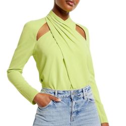 Express Women's Lime Green Yellow Cut Out Mock Neck Long Sleeve Blouse Top Small