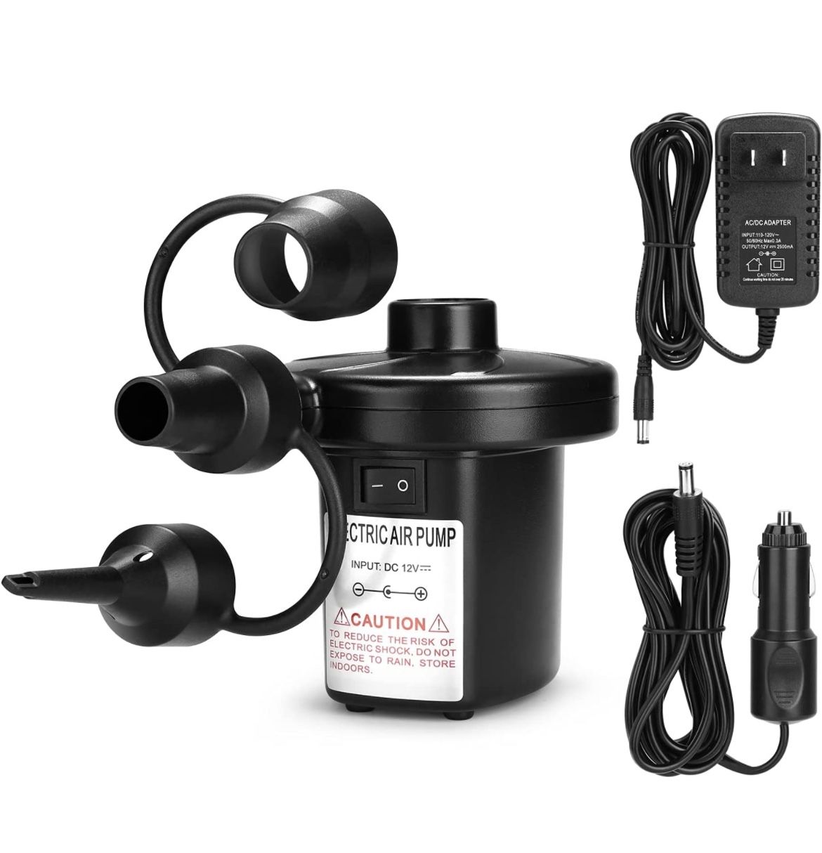 Electric Air Pump for Inflatable with 3 Nozzles, 110V AC/12V DC, Portable Air Mattress Pump, Quick Fill Inflator Air Pump Perfect for Outdoor Camping