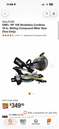ONE+ HP 18V Brushless Cordless 10 in. Sliding Compound Miter Saw (Tool Only)$230