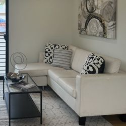 White Leatherette Sofa With Ottoman/Chaise 