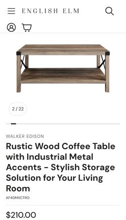 Walker Edison Rustic Oak Coffee Table with Metal Accents