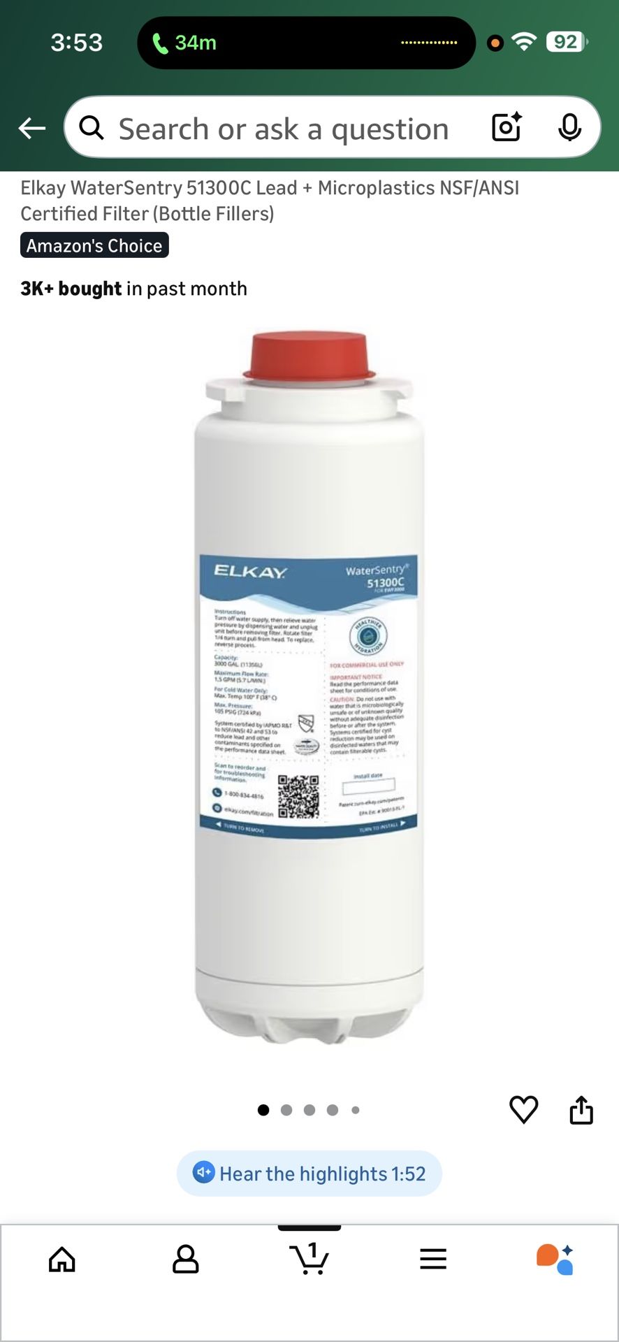 Elkay WaterSentry 51300C Lead + Microplastics NSF/ANSI Certified Filter (Bottle Fillers)