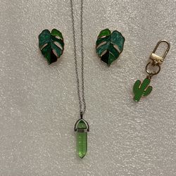 Plant Earrings, Necklace And Small Keychain Jewelry Set
