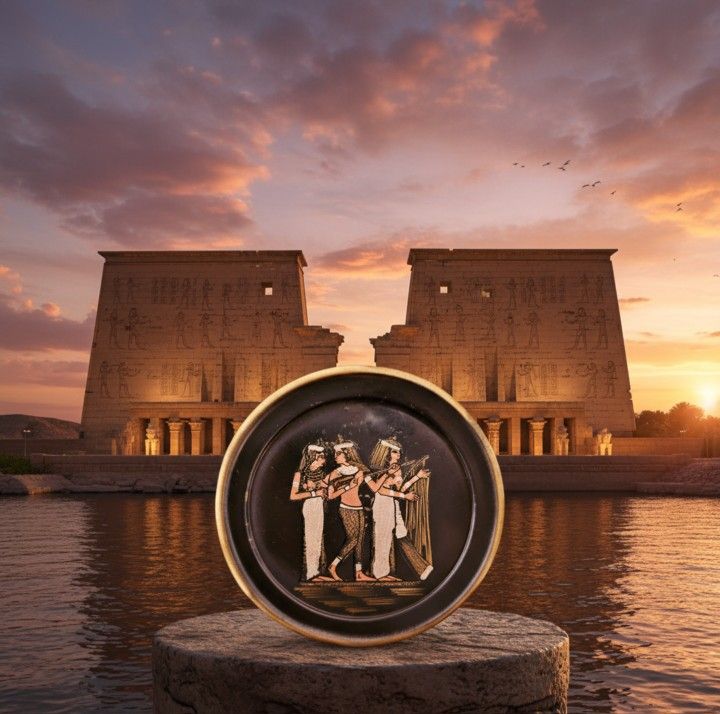 Celestial Echoes: Hand-Etched Egyptian Musicians Brass Plate – Timeless Heritage, 5.5” Elegance