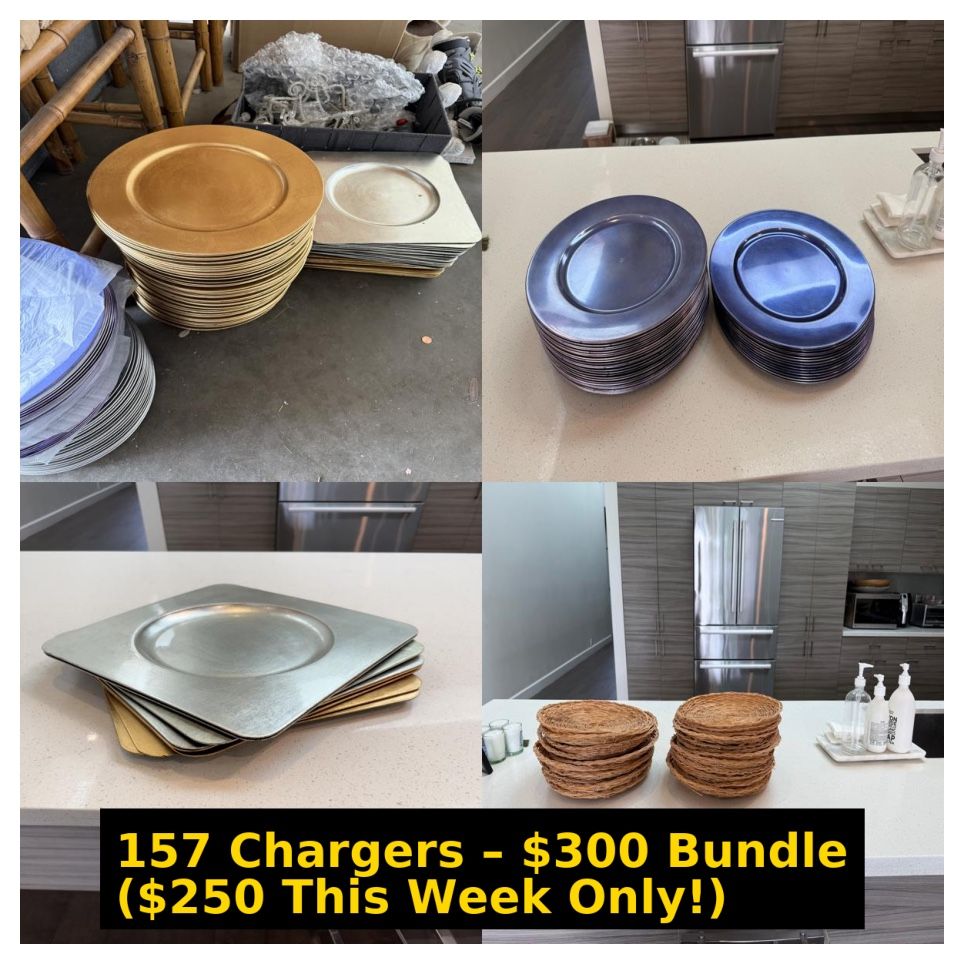 Mega Decorative Charger Plate Bundle – 157 Total (Gold, Silver, Purple, Wicker, Square)