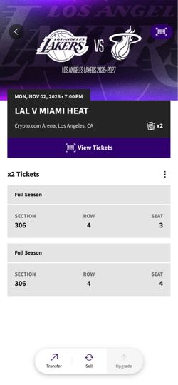 (2) HEAT @ LAKERS TICKETS CRYPTO ARENA ROW 4