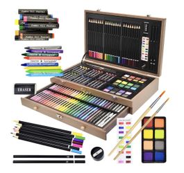 Sunnyglade 145 Piece Deluxe Art Set, Wooden Art Box & Drawing Kit with Crayons, Oil Pastels, Colored Pencils, Watercolor Cakes, Sketch Pencils, Paint 