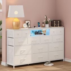 White Dresser for Bedroom 55”W Dressers with 14 Drawers Wide Dressers & Chests of Drawers with LED and Charging Station Long TV Stand for Living Room 