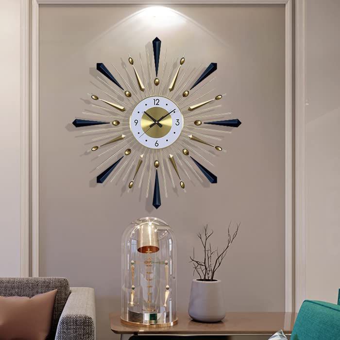Large Starburst Decorative Wall Clock 28in Mid Century Modern Clock Big Silent Metal Sunburst Clocks for Living Room Decor