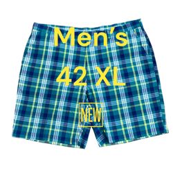 Men's PGA Tour 42 XL Chino Khakis Shorts Golf Plaid Teal Flat Front Lightweight